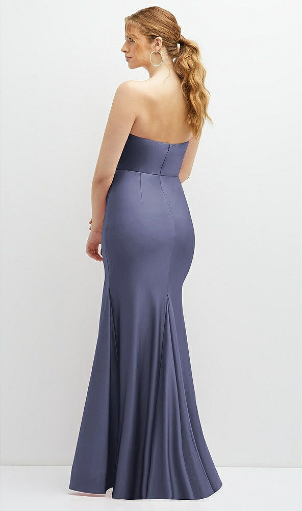 Back View - French Blue Strapless Basque-Neck Draped Stretch Satin Mermaid Dress with Horsehair Hem