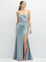 Front View Thumbnail - Mist Strapless Basque-Neck Draped Stretch Satin Mermaid Dress with Horsehair Hem