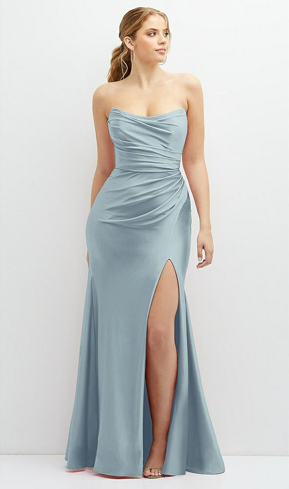 Front View - Mist Strapless Basque-Neck Draped Stretch Satin Mermaid Dress with Horsehair Hem