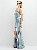 Side View Thumbnail - Mist Strapless Basque-Neck Draped Stretch Satin Mermaid Dress with Horsehair Hem