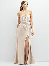 Front View Thumbnail - Oat Strapless Basque-Neck Draped Stretch Satin Mermaid Dress with Horsehair Hem