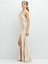 Side View Thumbnail - Oat Strapless Basque-Neck Draped Stretch Satin Mermaid Dress with Horsehair Hem