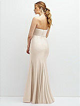 Rear View Thumbnail - Oat Strapless Basque-Neck Draped Stretch Satin Mermaid Dress with Horsehair Hem