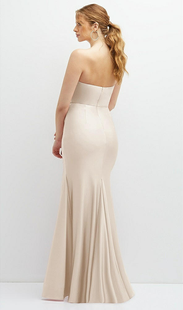 Back View - Oat Strapless Basque-Neck Draped Stretch Satin Mermaid Dress with Horsehair Hem
