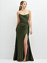 Front View Thumbnail - Olive Green Strapless Basque-Neck Draped Stretch Satin Mermaid Dress with Horsehair Hem