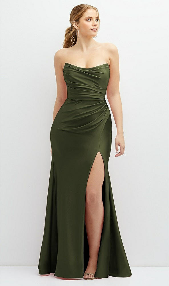 Front View - Olive Green Strapless Basque-Neck Draped Stretch Satin Mermaid Dress with Horsehair Hem