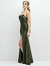 Side View Thumbnail - Olive Green Strapless Basque-Neck Draped Stretch Satin Mermaid Dress with Horsehair Hem