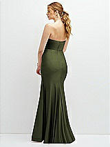 Rear View Thumbnail - Olive Green Strapless Basque-Neck Draped Stretch Satin Mermaid Dress with Horsehair Hem