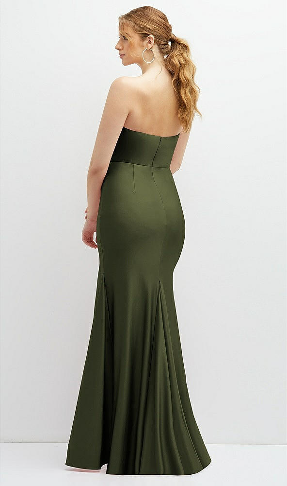 Back View - Olive Green Strapless Basque-Neck Draped Stretch Satin Mermaid Dress with Horsehair Hem
