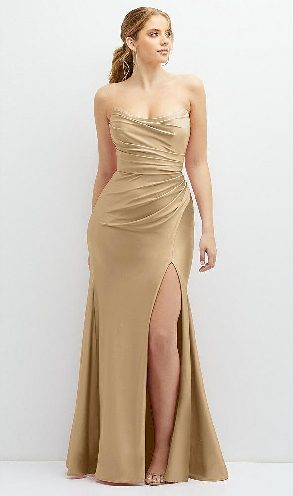 Front View - Soft Gold Strapless Basque-Neck Draped Stretch Satin Mermaid Dress with Horsehair Hem
