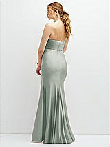 Rear View Thumbnail - Willow Green Strapless Basque-Neck Draped Stretch Satin Mermaid Dress with Horsehair Hem
