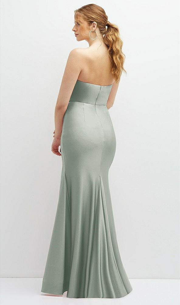 Back View - Willow Green Strapless Basque-Neck Draped Stretch Satin Mermaid Dress with Horsehair Hem