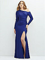 Front View Thumbnail - Cobalt Blue Long Sleeve Cold-Shoulder Draped Stretch Satin Mermaid Dress with Horsehair Hem