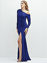 Side View Thumbnail - Cobalt Blue Long Sleeve Cold-Shoulder Draped Stretch Satin Mermaid Dress with Horsehair Hem