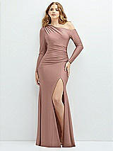 Front View Thumbnail - Neu Nude Long Sleeve Cold-Shoulder Draped Stretch Satin Mermaid Dress with Horsehair Hem
