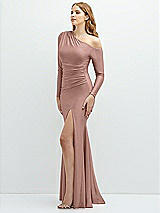 Side View Thumbnail - Neu Nude Long Sleeve Cold-Shoulder Draped Stretch Satin Mermaid Dress with Horsehair Hem