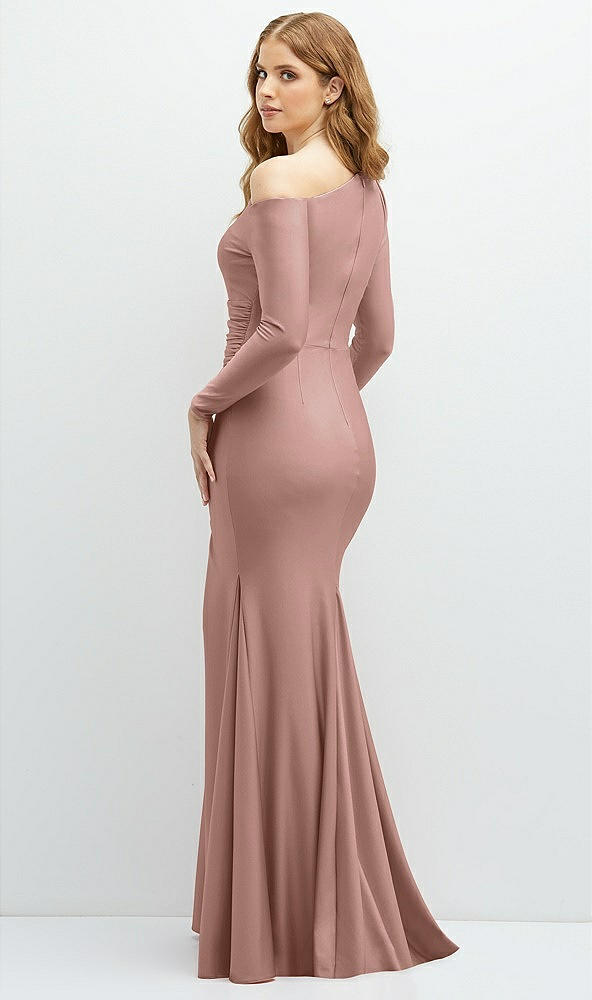 Back View - Neu Nude Long Sleeve Cold-Shoulder Draped Stretch Satin Mermaid Dress with Horsehair Hem