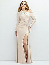 Front View Thumbnail - Oat Long Sleeve Cold-Shoulder Draped Stretch Satin Mermaid Dress with Horsehair Hem