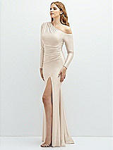 Side View Thumbnail - Oat Long Sleeve Cold-Shoulder Draped Stretch Satin Mermaid Dress with Horsehair Hem