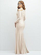 Rear View Thumbnail - Oat Long Sleeve Cold-Shoulder Draped Stretch Satin Mermaid Dress with Horsehair Hem