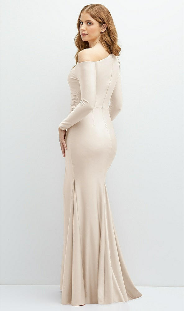 Back View - Oat Long Sleeve Cold-Shoulder Draped Stretch Satin Mermaid Dress with Horsehair Hem