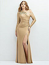 Front View Thumbnail - Soft Gold Long Sleeve Cold-Shoulder Draped Stretch Satin Mermaid Dress with Horsehair Hem