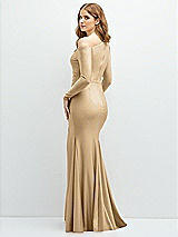 Rear View Thumbnail - Soft Gold Long Sleeve Cold-Shoulder Draped Stretch Satin Mermaid Dress with Horsehair Hem