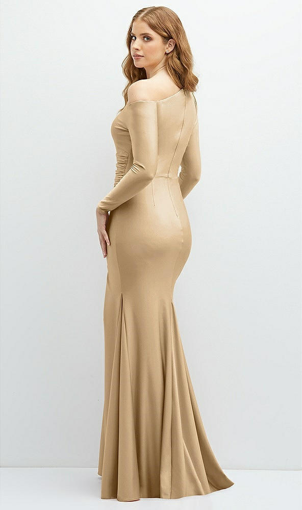 Back View - Soft Gold Long Sleeve Cold-Shoulder Draped Stretch Satin Mermaid Dress with Horsehair Hem