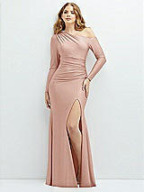 Front View Thumbnail - Toasted Sugar Long Sleeve Cold-Shoulder Draped Stretch Satin Mermaid Dress with Horsehair Hem