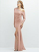Side View Thumbnail - Toasted Sugar Long Sleeve Cold-Shoulder Draped Stretch Satin Mermaid Dress with Horsehair Hem