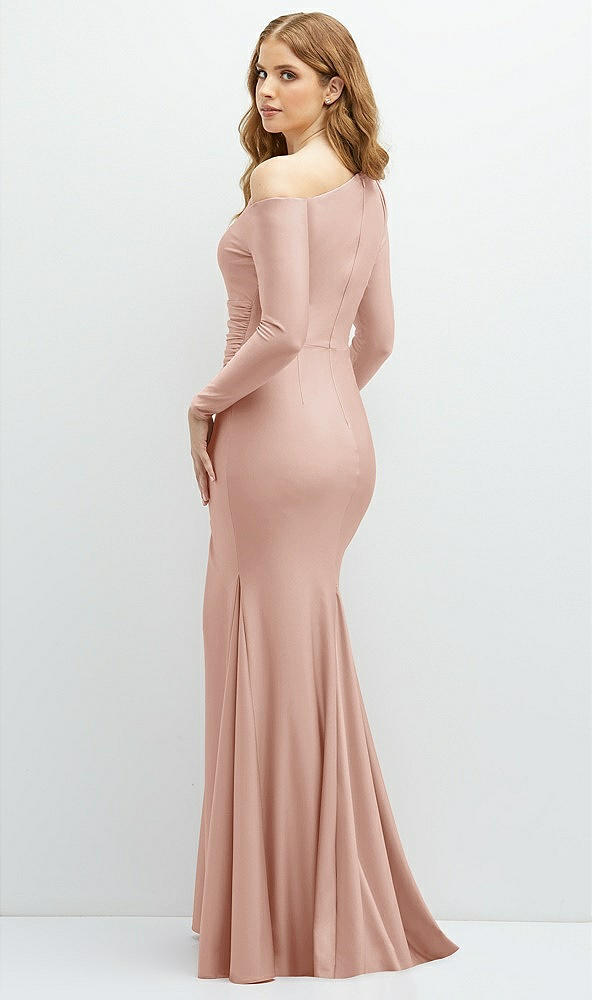 Back View - Toasted Sugar Long Sleeve Cold-Shoulder Draped Stretch Satin Mermaid Dress with Horsehair Hem