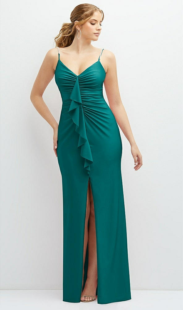 Front View - Peacock Teal Rhinestone Strap Stretch Satin Maxi Dress with Vertical Cascade Ruffle