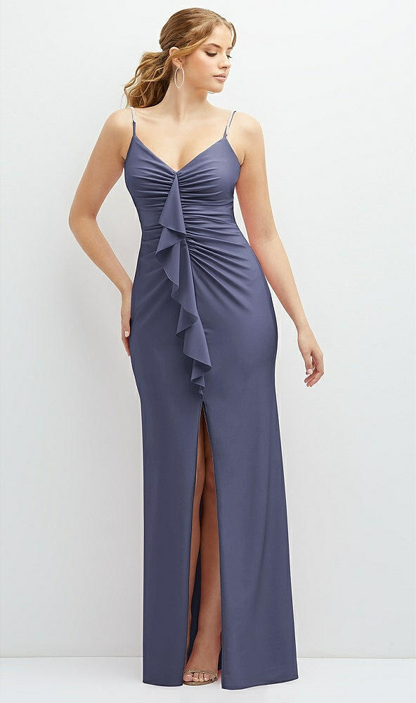 Front View - French Blue Rhinestone Strap Stretch Satin Maxi Dress with Vertical Cascade Ruffle