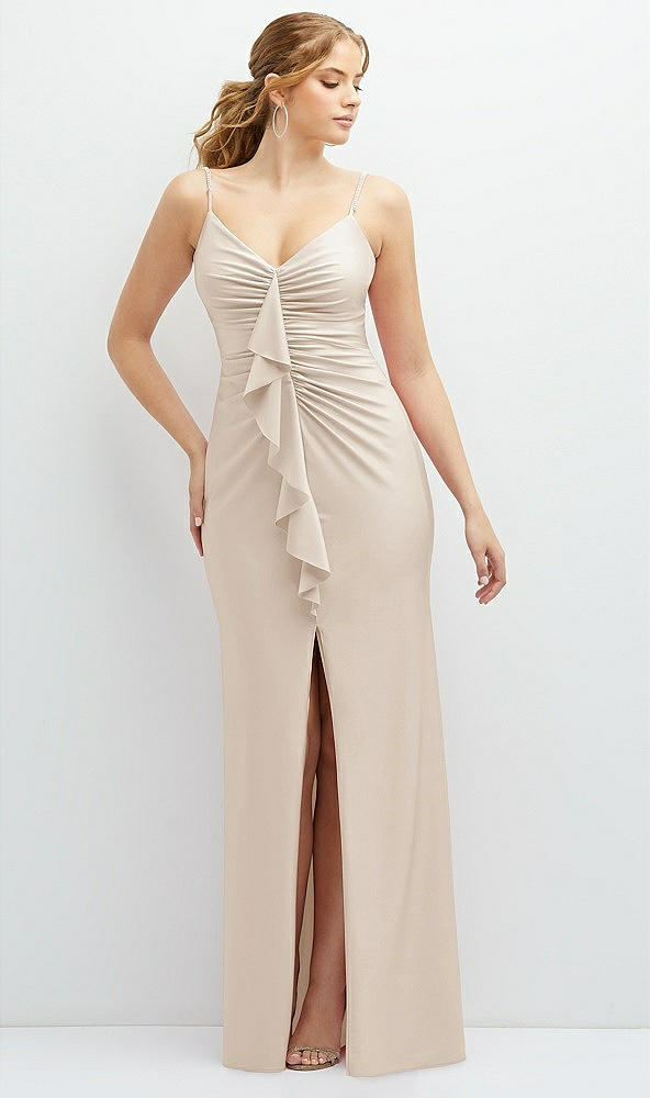 Front View - Oat Rhinestone Strap Stretch Satin Maxi Dress with Vertical Cascade Ruffle
