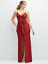 Front View Thumbnail - Poppy Red Rhinestone Strap Stretch Satin Maxi Dress with Vertical Cascade Ruffle