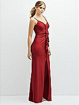 Side View Thumbnail - Poppy Red Rhinestone Strap Stretch Satin Maxi Dress with Vertical Cascade Ruffle