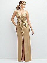 Front View Thumbnail - Soft Gold Rhinestone Strap Stretch Satin Maxi Dress with Vertical Cascade Ruffle