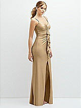 Side View Thumbnail - Soft Gold Rhinestone Strap Stretch Satin Maxi Dress with Vertical Cascade Ruffle