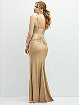 Rear View Thumbnail - Soft Gold Rhinestone Strap Stretch Satin Maxi Dress with Vertical Cascade Ruffle