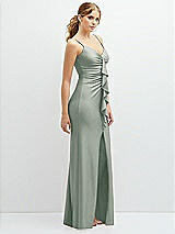 Side View Thumbnail - Willow Green Rhinestone Strap Stretch Satin Maxi Dress with Vertical Cascade Ruffle
