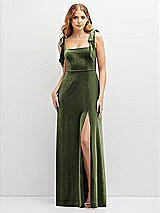 Front View Thumbnail - Olive Green Square Neck Velvet Maxi Dress with Bow Shoulders