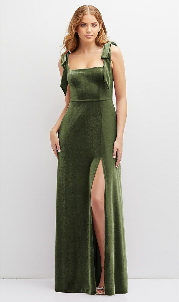 Front View - Olive Green Square Neck Velvet Maxi Dress with Bow Shoulders