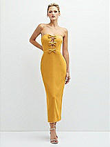 Front View Thumbnail - NYC Yellow Rhinestone Bow Trimmed Peek-a-Boo Deep-V Midi Dress with Pencil Skirt
