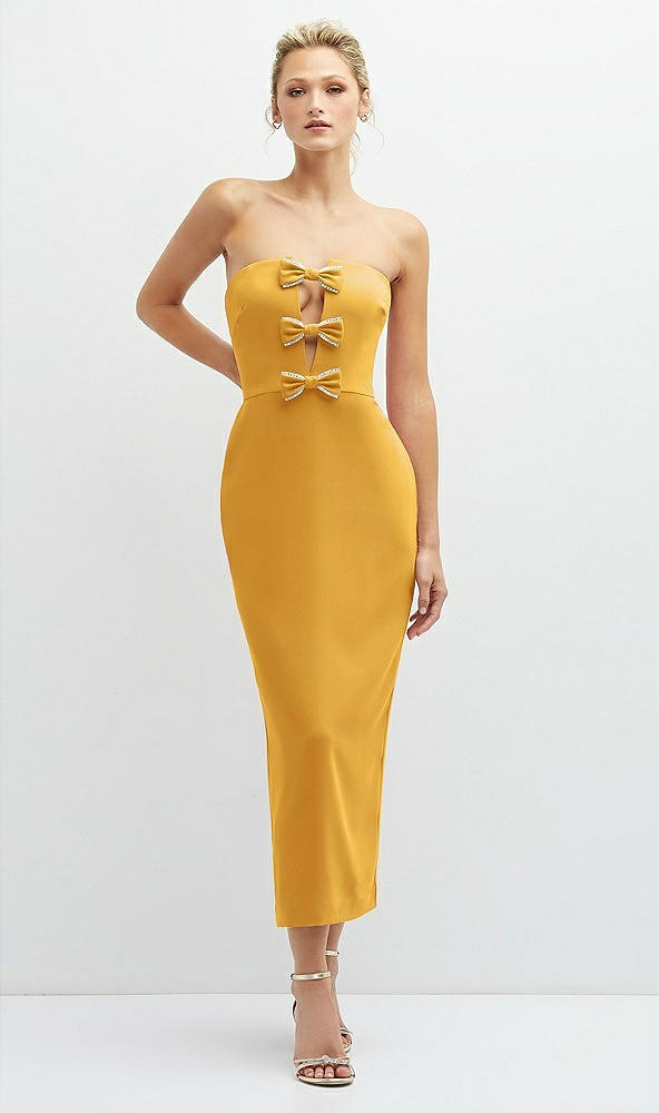 Front View - NYC Yellow Rhinestone Bow Trimmed Peek-a-Boo Deep-V Midi Dress with Pencil Skirt