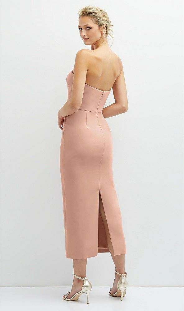 Back View - Pale Peach Rhinestone Bow Trimmed Peek-a-Boo Deep-V Midi Dress with Pencil Skirt