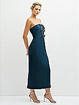 Side View Thumbnail - Atlantic Blue Rhinestone Bow Trimmed Peek-a-Boo Deep-V Midi Dress with Pencil Skirt