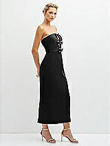 Side View Thumbnail - Black Rhinestone Bow Trimmed Peek-a-Boo Deep-V Midi Dress with Pencil Skirt