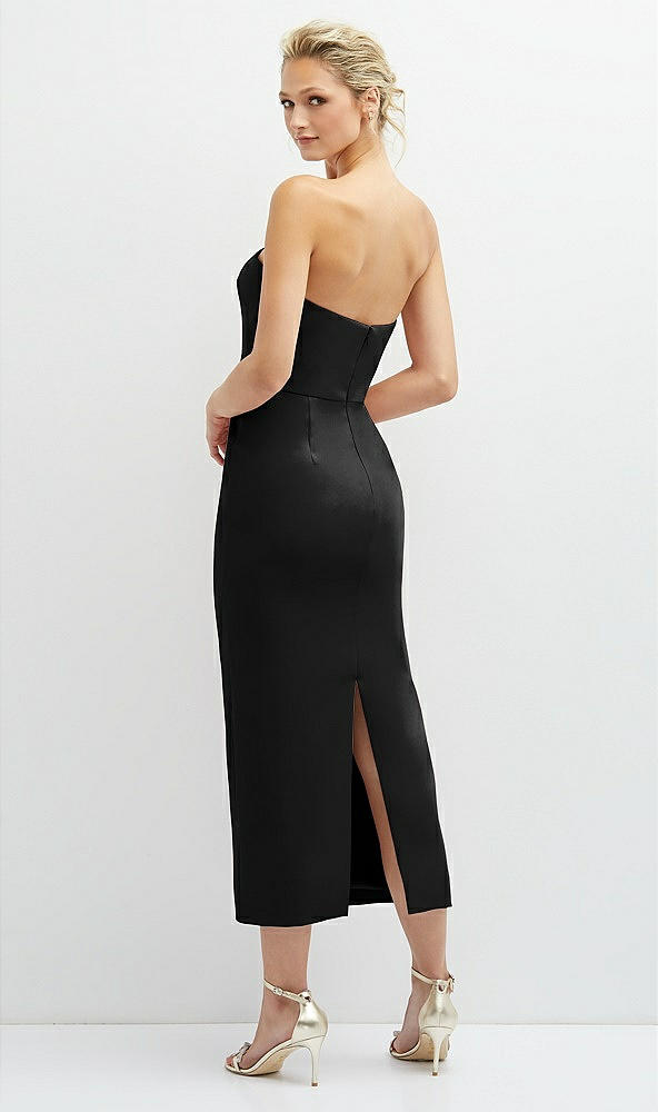 Back View - Black Rhinestone Bow Trimmed Peek-a-Boo Deep-V Midi Dress with Pencil Skirt
