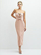 Front View Thumbnail - Cameo Rhinestone Bow Trimmed Peek-a-Boo Deep-V Midi Dress with Pencil Skirt