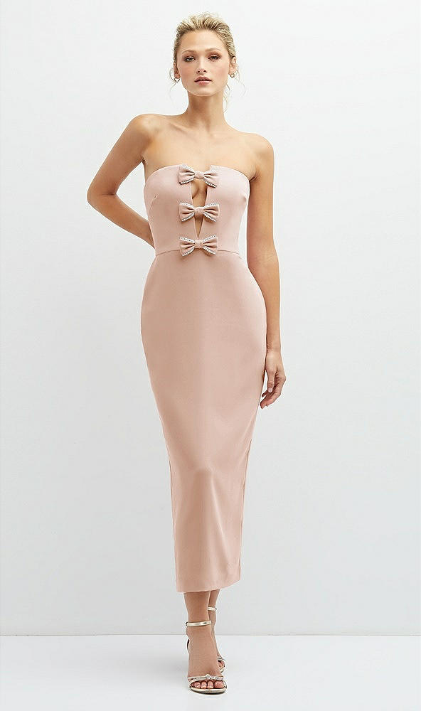 Front View - Cameo Rhinestone Bow Trimmed Peek-a-Boo Deep-V Midi Dress with Pencil Skirt